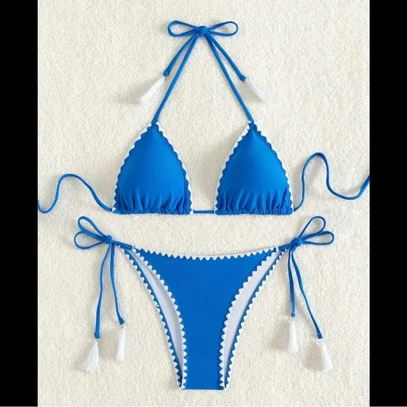 Blue & White, Boho, Tassel, Bikini Set