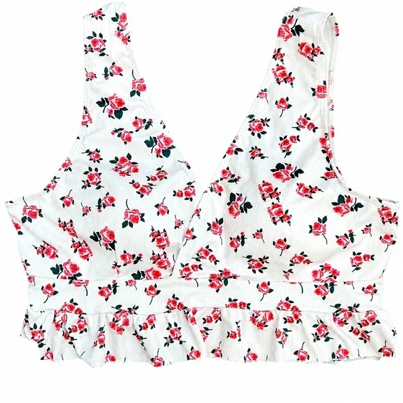 Womens 2XL Floral Ribbed Tankini Top White Pink Peplum Plus Size Swimwear