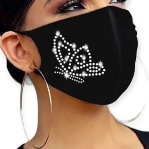NEW Face Masks Black Face Mask Studded Rhinestone Butterfly Detailed Face Cover