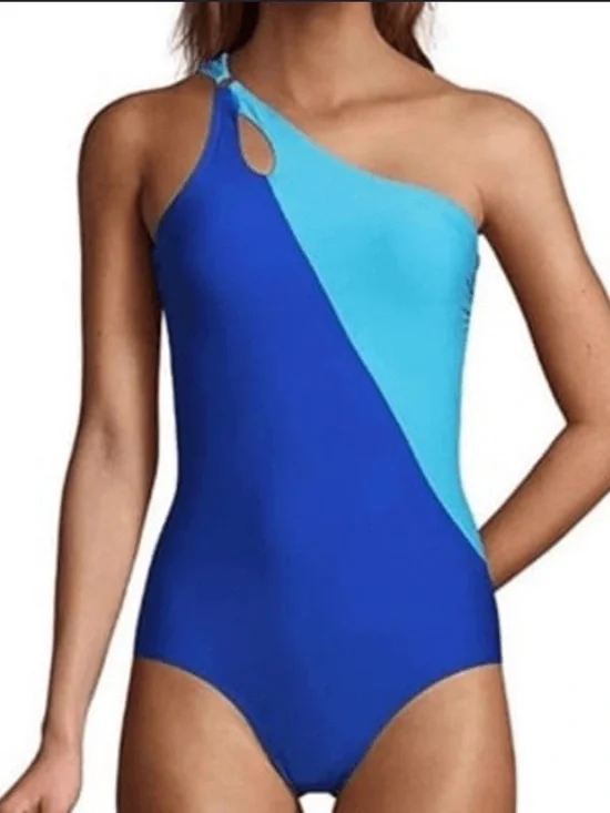 Lands’ End Chlorine Resistant One Shoulder One Piece Swimsuit Blue Size 14