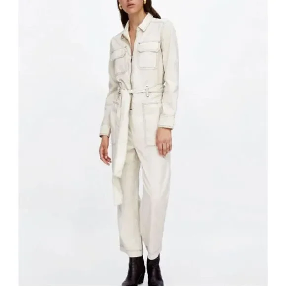 Zara Beige Cotton Linen Blend Boiler Suit Pockets Denim Utility Jumpsuit Small