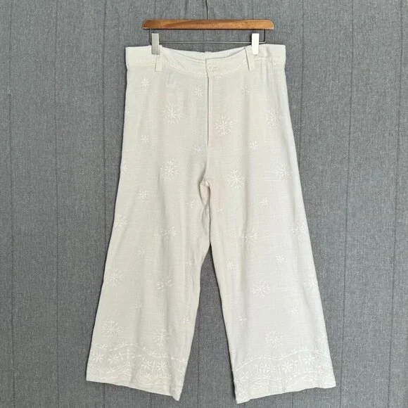 Zara Linen Blend Ivory / Light Cream High Rise Embroidered Wide Leg Pants XL