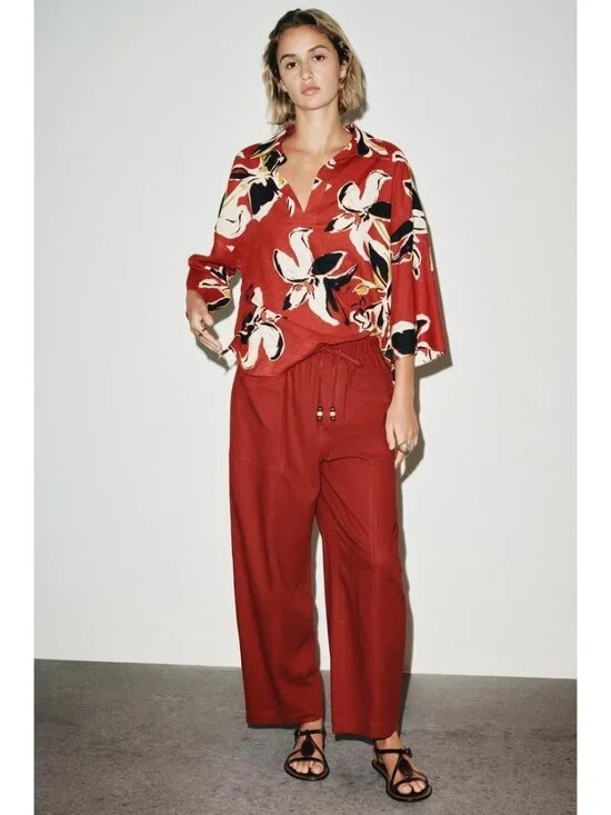Zara Womens Linen Beaded Drawstring Ankle Pants linen XL Brick Red 8668/383 NWT