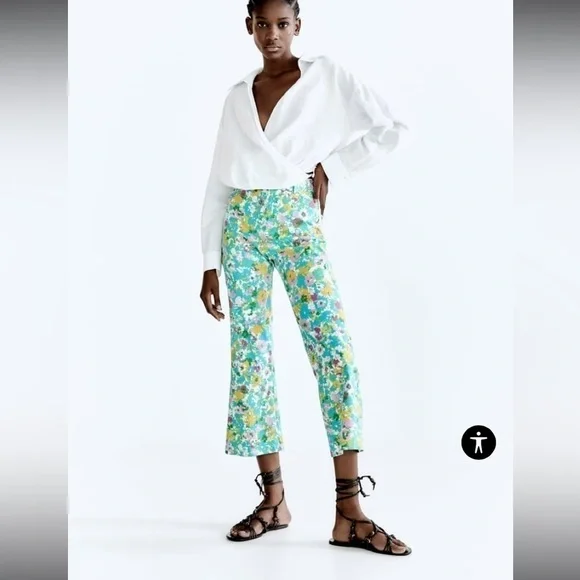 Zara PRINTED LINEN-BLEND MINI FLARE TROUSERS
