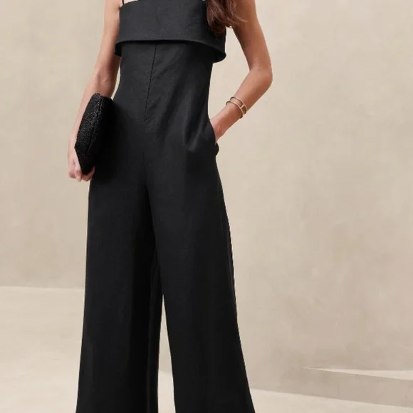 Banana Republic Black Onda Linen Jumpsuit Size 8 Petite NWT (Note Condition) (L)