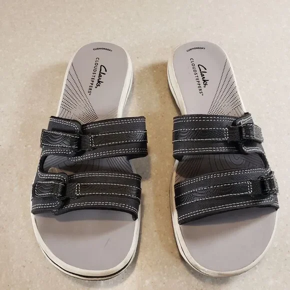 Clarks Cloudsteppers Breeze Piper Black Comfort Slide Sandals Women’s US 8