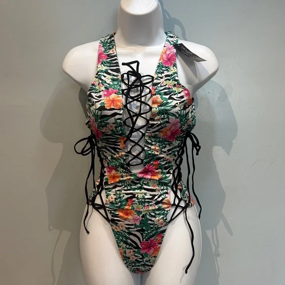 Yandy Zebra Floral Tropical Print Onepiece Swimsuit Medium New with Tags