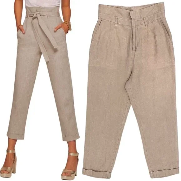 Reformation Fisher Paperbag Linen Straight Leg Cuffed Ankle Pants in Beige Sz 4