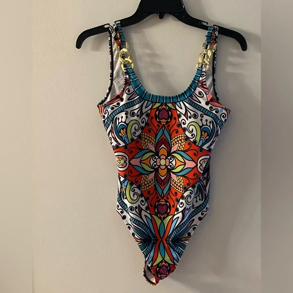 Colorful Chain Strap One Piece Swimsuit