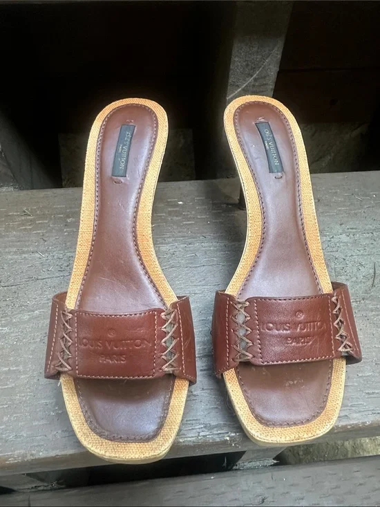 Louis Vuitton Brown Leather and Wooden High Heel Sandals