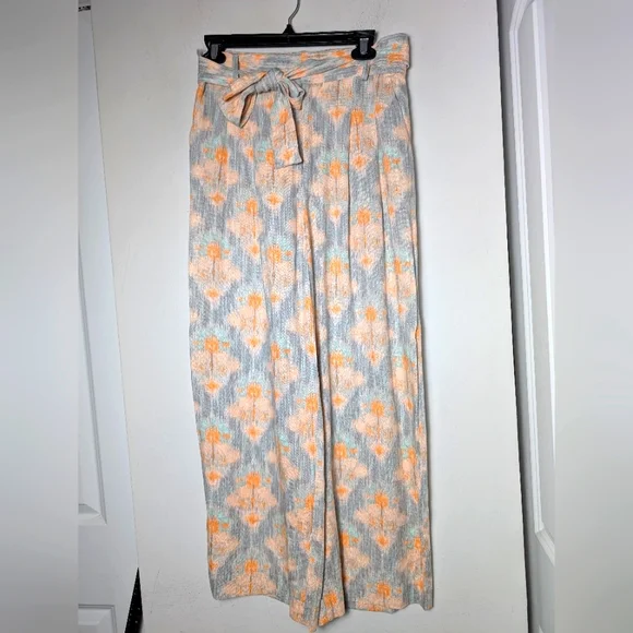 Zara Pants Wide Leg Linen Gray Orange Beachy Flowy Belted Sz S