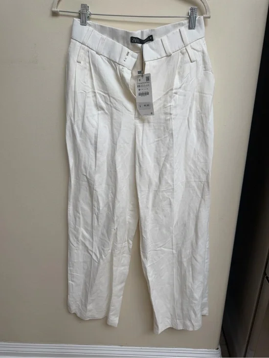 Zara White Pleated Linen-Blend Wide Leg Pants