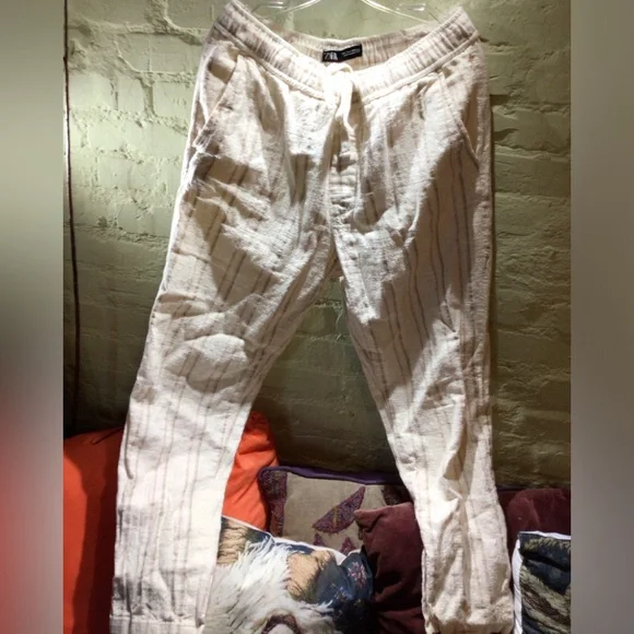 ZARA Cream linen Stripe Drawstring Pants