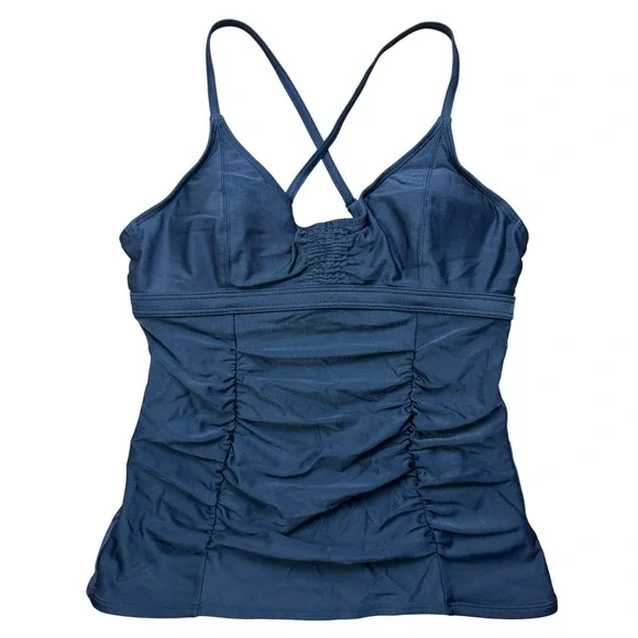 Athleta Tankini Swim Top Women 34 B/C Black Ruched Criss Cross Vacation‎ Beach