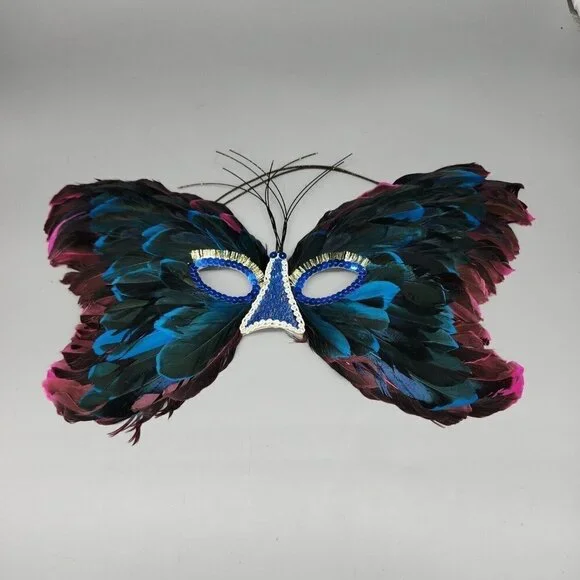 Feather Masquerade Mask, Coxeer Venetian, Mardi Gras Mask for Halloween Blue