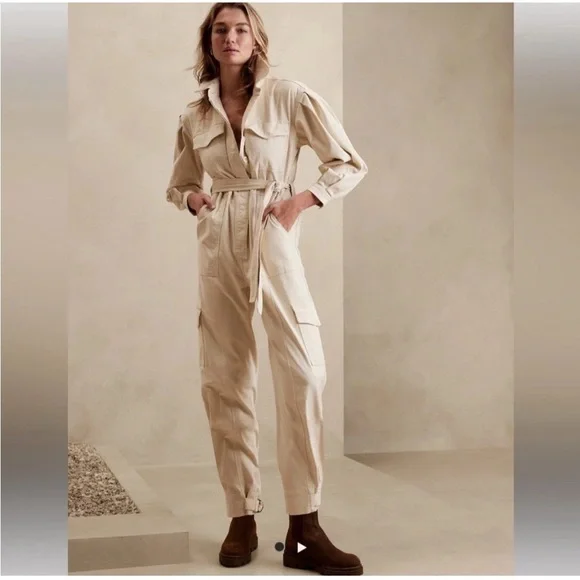 NEW Banana Republic Moleskin Flightsuit Jumpsuit Beige SMALL Womens $190