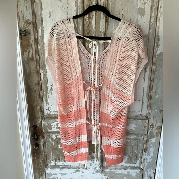 POL Open-Knit Tie-Front Swim Cover-Up in Coral and Cream