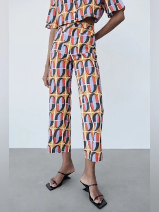 Zara Linen Cotton Straight Cut Crop Geometric African Printed Pants art deco