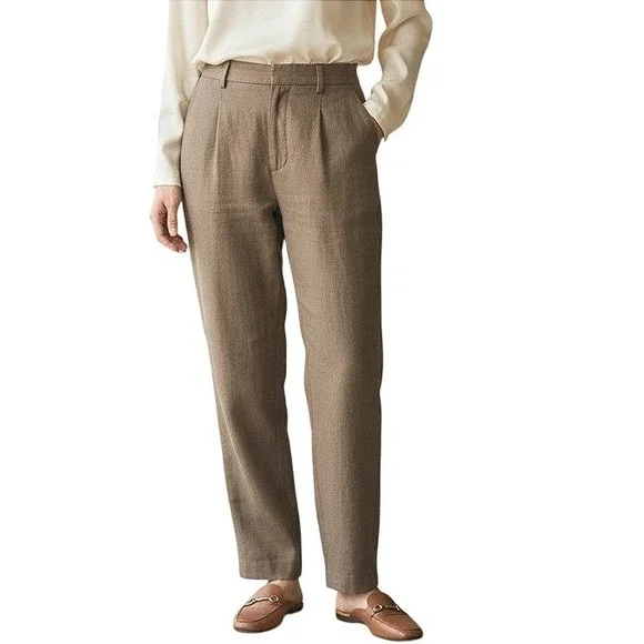 Taupe‎ Brown Linen Blend High Waisted Pleated Straight Leg Trousers Pants Sz 8