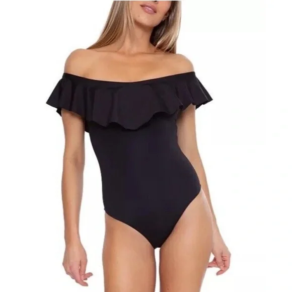 NEW NWT Trina Turk Black off shoulder ruffle one piece swimsuit modest