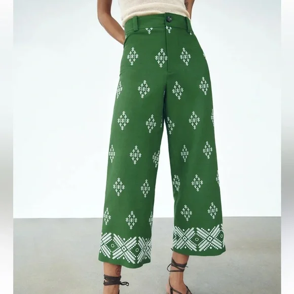 Zara Linen Blend High Waist Wide Leg Embroidered Culotte Pants