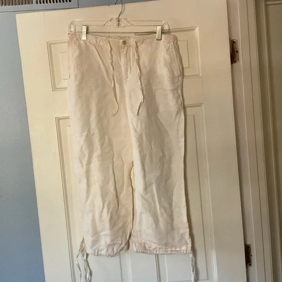 Banana Republic Women’s Linen Pants Size 8 Ecru Tie Cuff Beachy Coastal Nautical