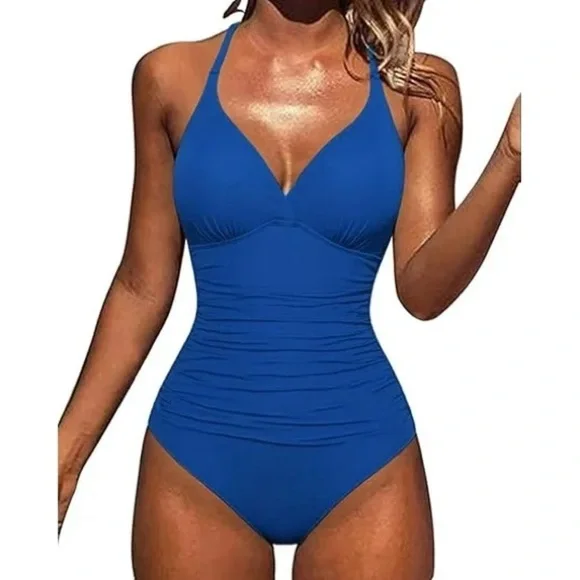 Women One Piece Swimsuit Tummy Control Bathing Suit Ruffled V Neck NWT S