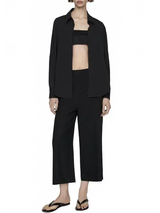 Mango Linen Blend Cropped Wide Leg Linen Pants NWT Black Size XS