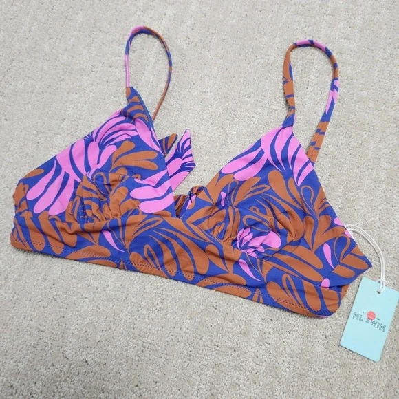 Marine Layer Plunge Bikini Top Women Medium Auburn Abstract Floral NEW Beach