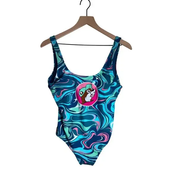BUC’CEES teal and pink swirl character one piece vacation resort swimsuit S