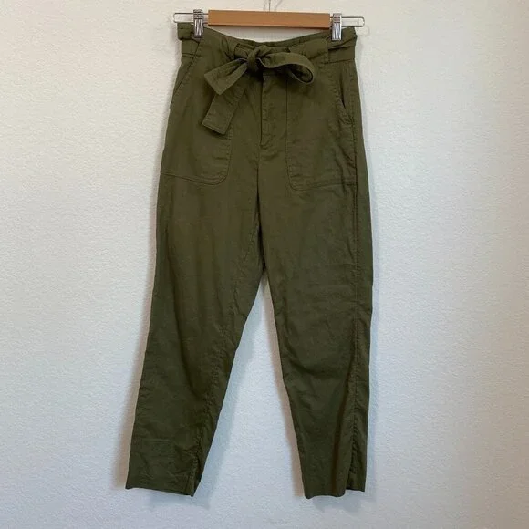 Banana Republic Green Linen Blend High-Waist Paper Bag Trousers Pants Size 0