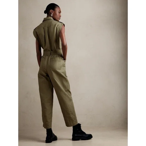 Banana Republic Womens Linen Blend Utility Jumpsuit Green Safari Casual NWOT