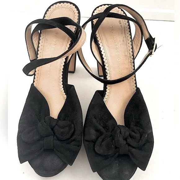 Charlotte Olympia Black Peep Toe Sandal Heels with Bows | Suede EU39 | US 8
