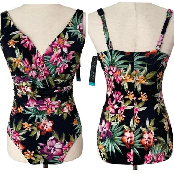 NEW AQUA GREEN Medium Control Full Coverage Floral One Piece Swimsuit Size 6