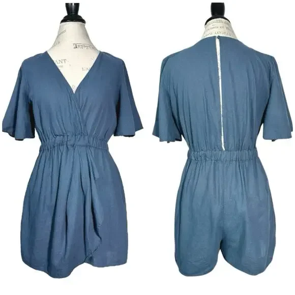 Zara | Women | Navy Linen Blend Ruffle Keyhole Short Romper | Medium