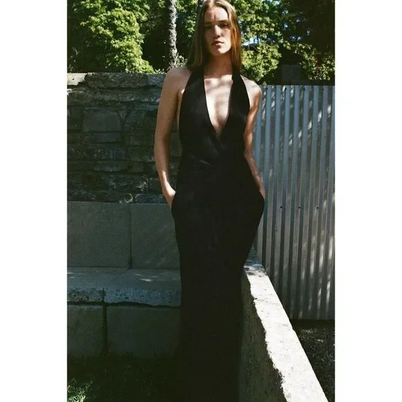 Zara Womens Jumpsuit Size s Black The Crossed Waist Wide Leg Halter 3152/358 NWT