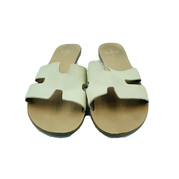 Lulus Saxon Ivory Cream Vegan Leather Slide Sandals Size 6.5