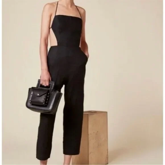 Reformation Rufus Jumpsuit Black Backless Back Linen Tie Straps Pockets Crop Sz4
