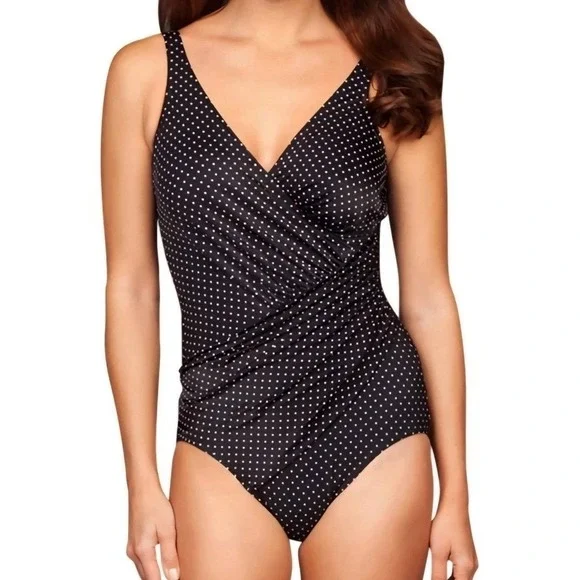 Miraclesuit Pin Point Oceanus Swim Suit 18 Tall Black Polkadot Tummy Control