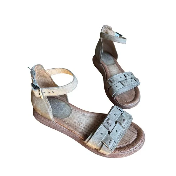 Miz Mooz Leather Woven Studded Platform Ankle Strap Sandals Taupe 37/6.5 or 7