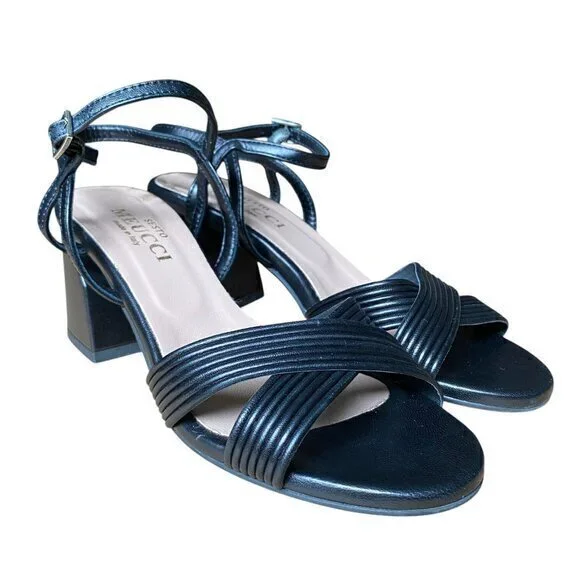 Sesto Meucci Afra - Black Leather Peep Toe Ankle Strap Sandal Block Heel - 8