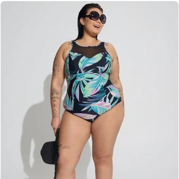 torrid Wireless Mesh High Neck One Piece Swimsuit - Pretty Summer Leaves, Sz. 14