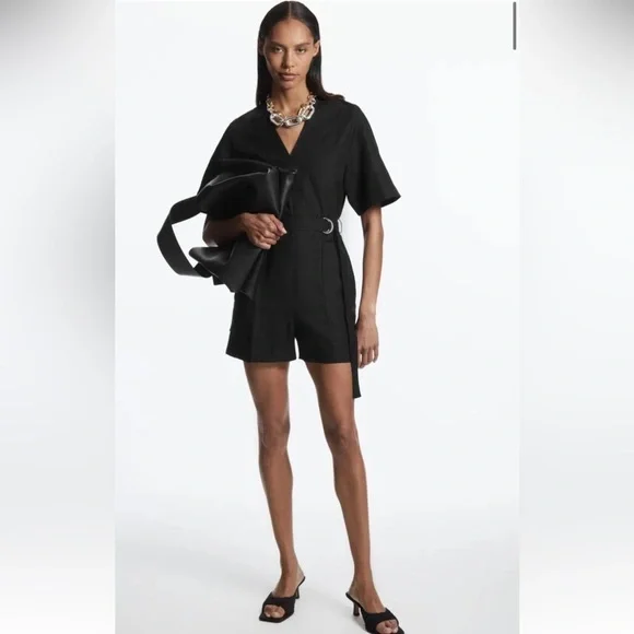 COS Linen Lyocell Belted V Neck Romper Playsuit in Black - Size 12