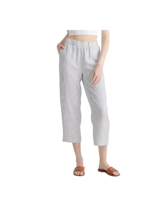 Quince 100% European Linen Pants Blue Pinstripe Coastal Nautical Resort S