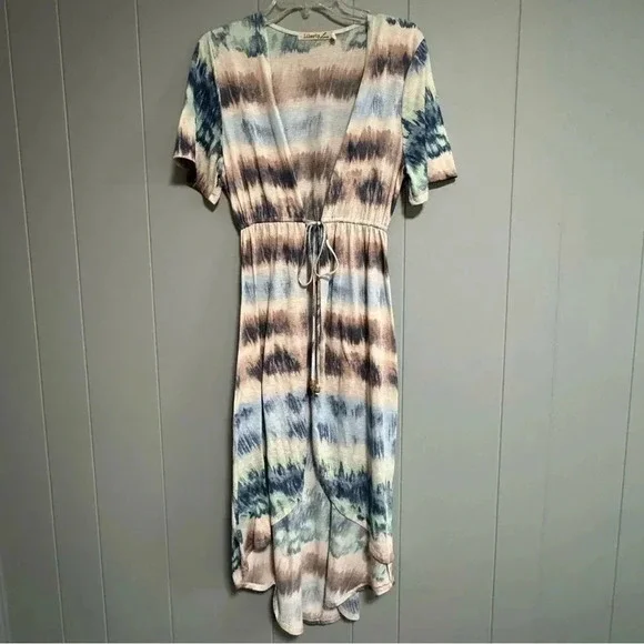 LIBERTY LOVE Tie Dye Swim Cover Tie Waist Wrap Blue Brown Green Cream Size M