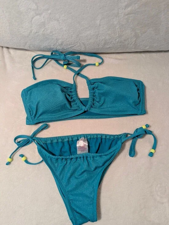 No Boundaries Teal Ribbed Tie Bikini Set S/L
