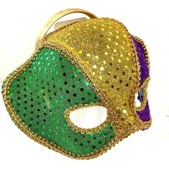 Mardi Gras Gold Green Purple Sequin Head Band Face mask Unisex NWT NOS