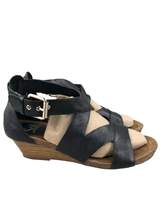 Sofft Women's Size 7.5M Vara Black Leather Open Toe Wedge Heel Sandals