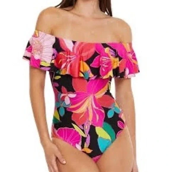 Trina Turk Solar One Piece‎ Off The Shoulder Ruffle Swimsuit Floral Print Size 8