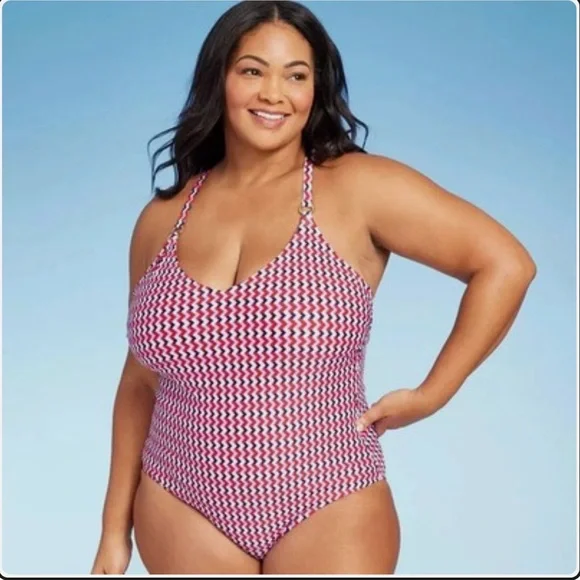 Kona Sol Plus Size v-neck One Piece Swimsuit Red White & Blue Size 20